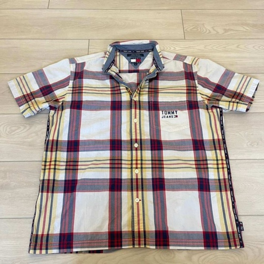 Tommy Jeans Mens‎ L Plaid Short Sleeve Button Up Shirt Logo Pocket Cream Red